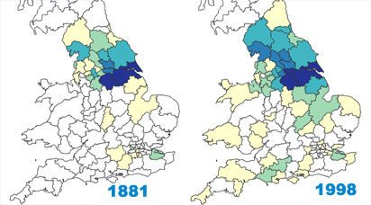 map showing migration of the Batty surname in the twentieth century