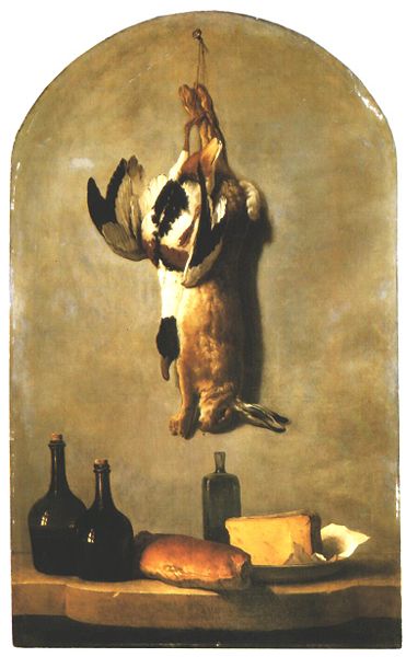 [371px-Jean-Baptiste_Oudry_-_Still_Life_with_Hare,_Duck,_Loaf_of_Bread,_Cheese_and_Flasks_of_Wine.jpg]
