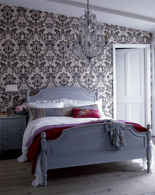 violet bedroom violet purple damask wallpaper, white leather tufted wingback