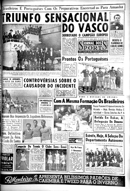 O VASCO CHEGA DA FRANÇA APÓS TÍTULO MUNDIAL DE 1957.