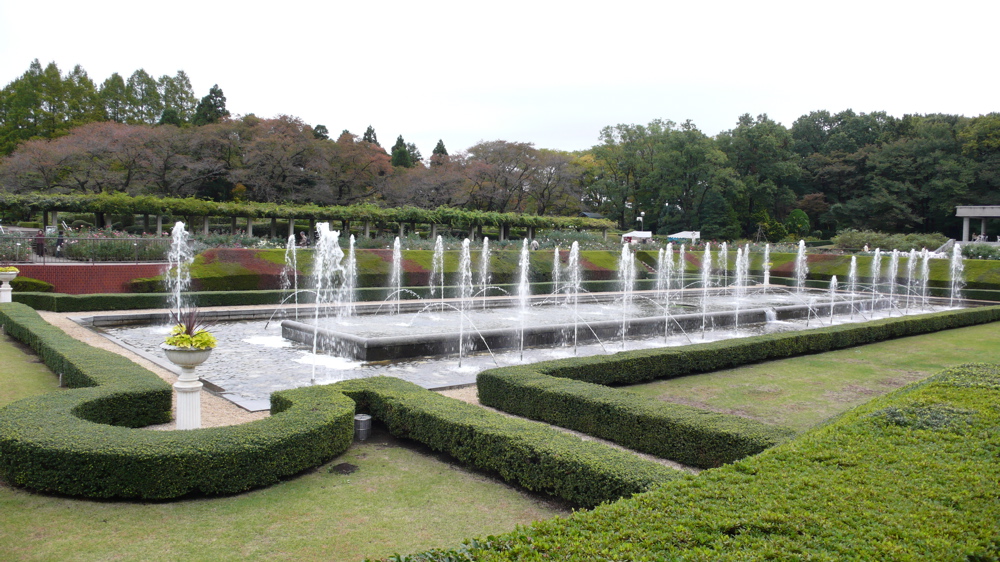 Fountains in front of the greenhouse, Jindai Botanical gardens, Chofu, Tokyo Japan.