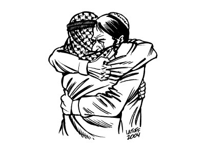 an Arab man hugs an Israeli man, tears in their eyes