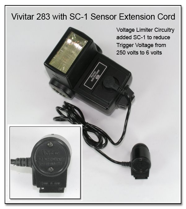 PJ1059: Vivitar 283 Flash Unit with SC-1 Sensor Extension Cord Fitted with Voltage Limiter Module - Reduces Trigger Voltage from 250 volts to 6 volts