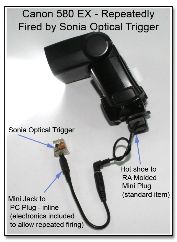 AS1022: Canon 580 EX - Repeatedly Fired by Sonia Optical Trigger through Standard Hot Shoe to Mini Plug