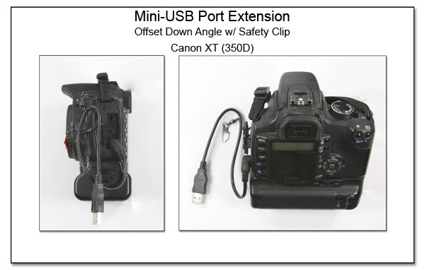CP1071: Mini-USB Port Extension - Offset Down Angle with Safety Clip on a Canon XT Camera