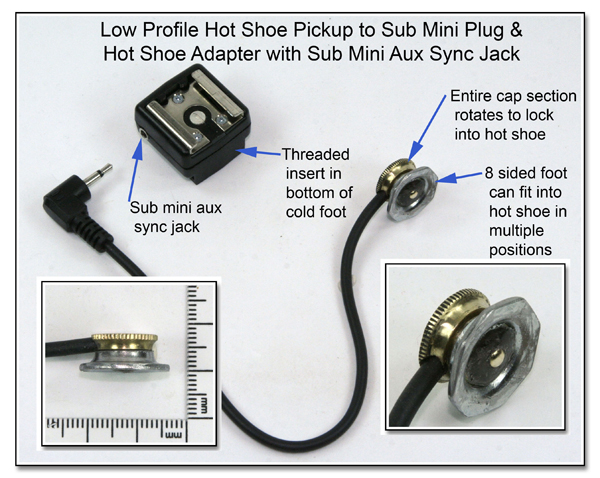 Low Profile Hot Shoe Pickup to SubMini Plug & Hot Shoe Adapter with SubMini Aux Sync Jack