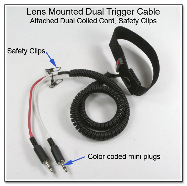 LT1011: Lens Mounted Dual Trigger Cable with Attached Dual Coiled Cord, Safety Clips