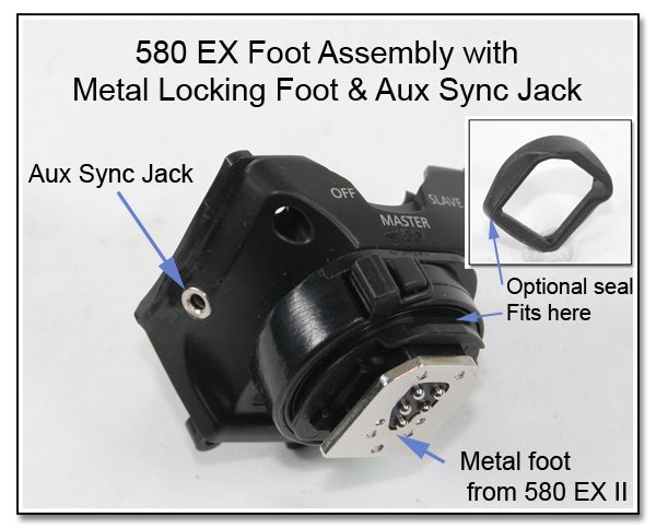 AS1017: 580EX Foot Asembly with Metal Locking Foot and Aux Sync Jack - Optional Rubber Weatherseal Shown Inset