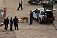 a police officers and a dog on a leash