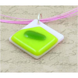 pink and two tone green fused art glass pendant