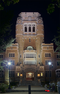 Cardinal Rigali Center, in Shrewsbury, Missouri, USA - tower at night