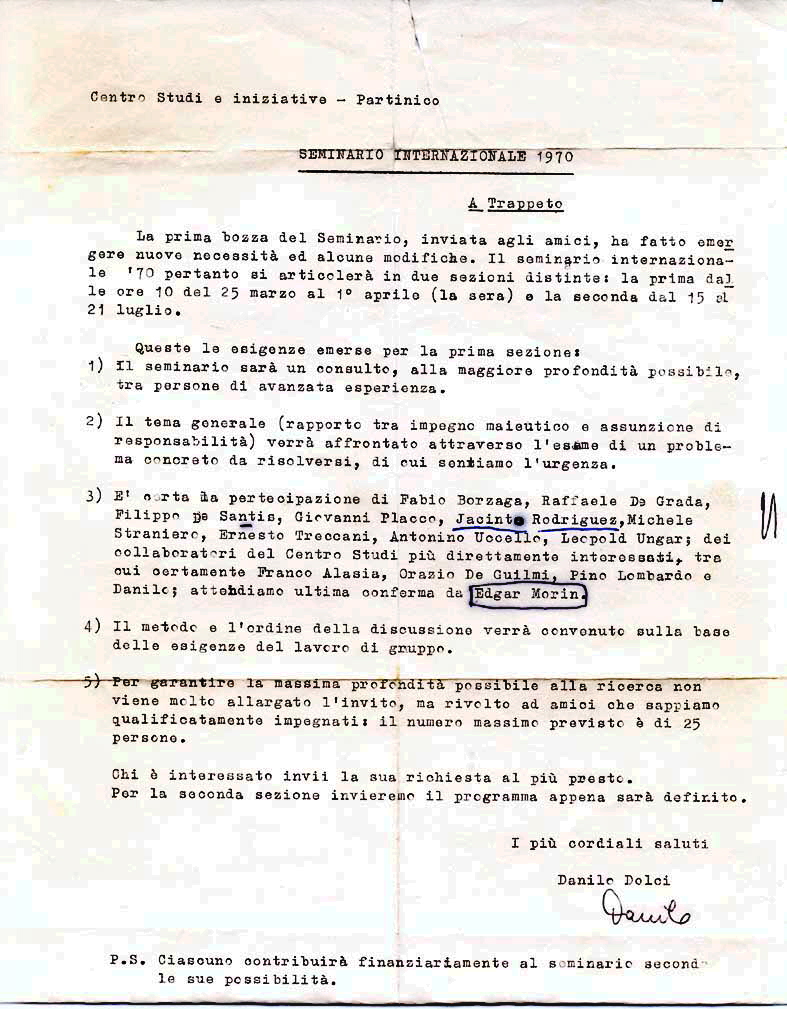 1970 - Projecto de Seminário em Trapetto - Centro de Estudos de Partinico - Danilo Dolci