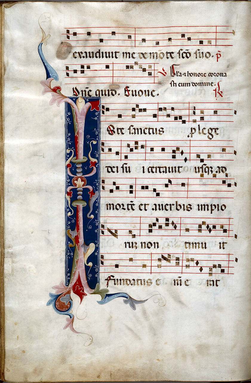 Partitura iluminada de Iste Sanctus. Music Library MS0797