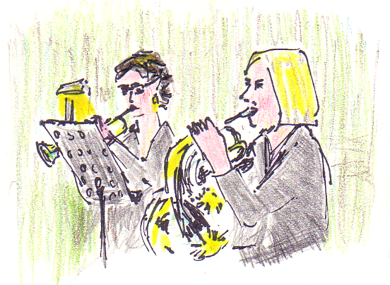 sketch of Karen Donnelly on trumpet and Elizabeth Simpson on French Horn