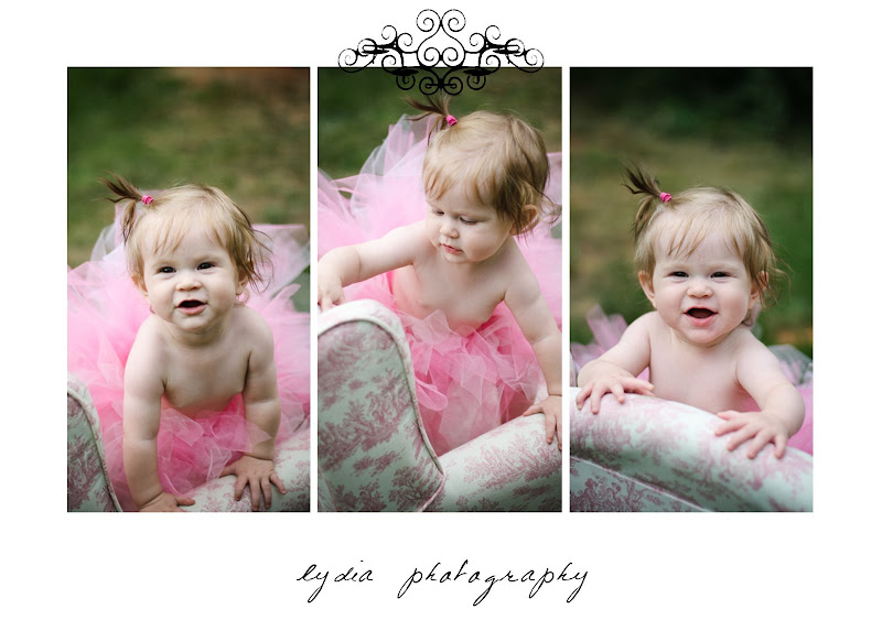 Baby with pink tutu on pink chair at lifestyle baby portraits in Grass Valley, California