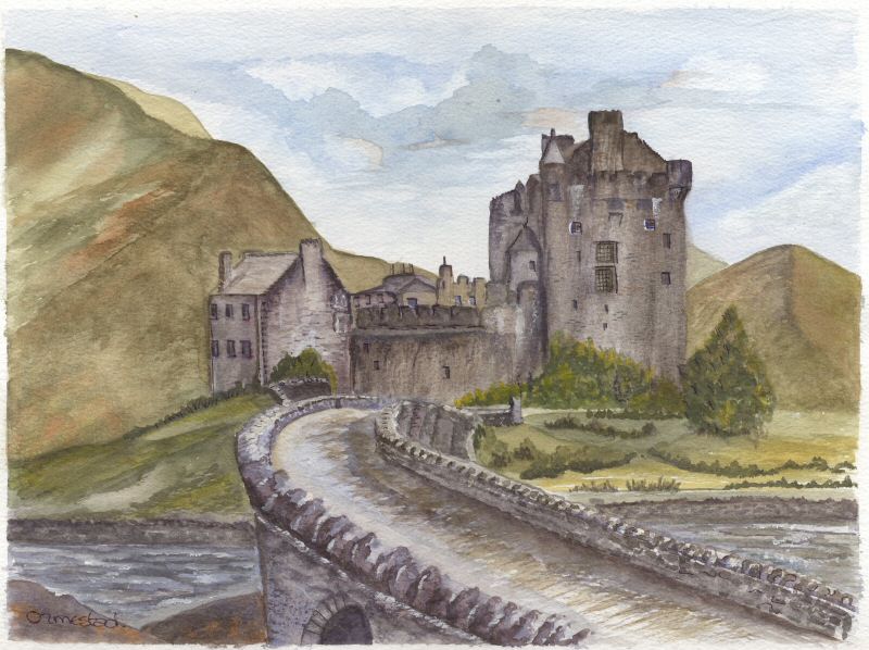 Eilean Donan Castle in watercolour by Ingrid Ormestad