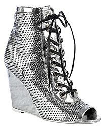 Chanel metallic perforated lambskin open toe ankle boots on wedge