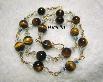 Wire wrapped tiger's eyes anklet with gold filled wire and swarovski crystal