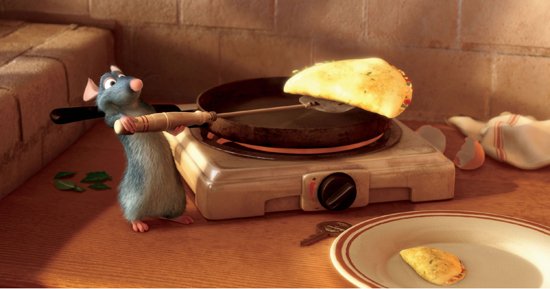 picture photograph Still from Ratatouille of Remy and omlette used in the movie by Pixar 2007 copyright of Disney and Pixar used with permission by sam breach http://becksposhnosh.blogspot.com/