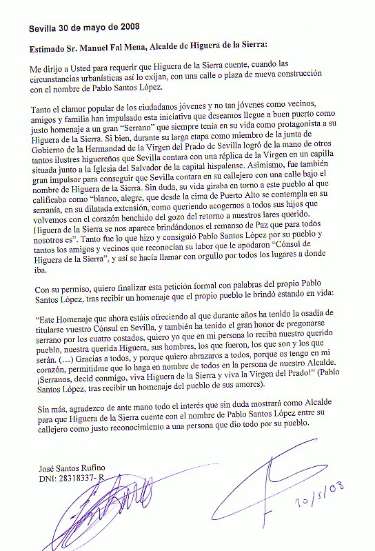 Carta al Alcalde Don Manuel Fal Mena