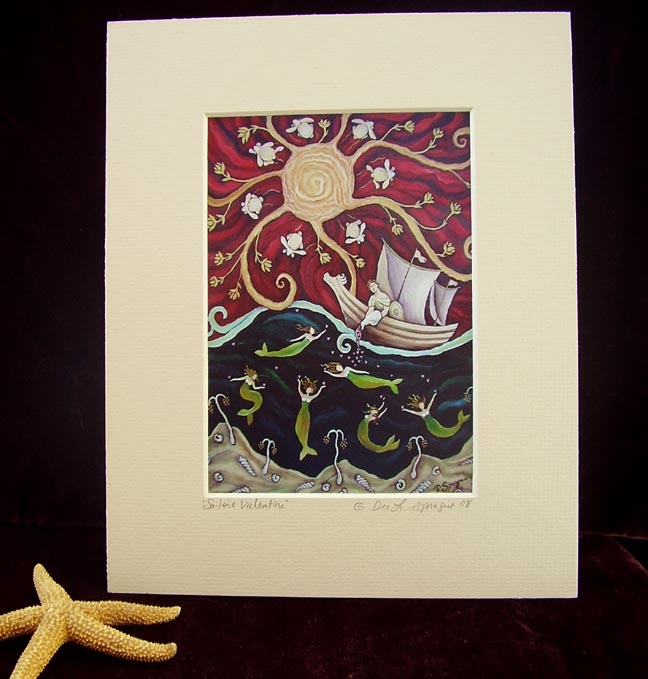 "folk Art Mermaid & Sailor Valentine " Print