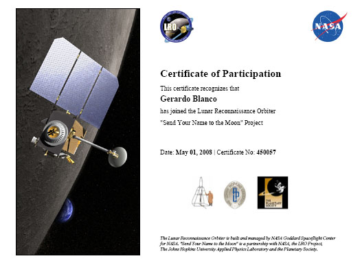 Certificado de envío de nombre para la misión LRO a la Luna