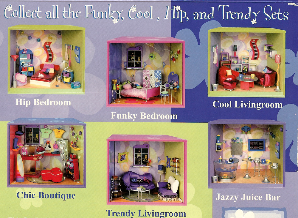 Back of a box for a set of Our Generation modern dolls' house miniatures, showing other sets in the range.