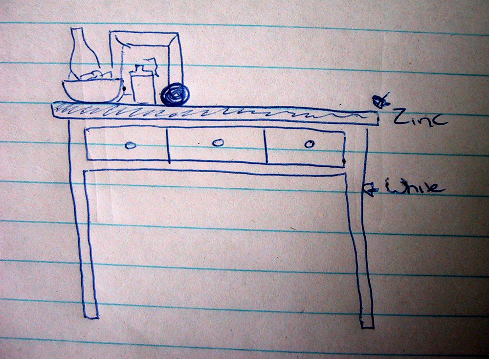 Sketch of a side table showing the base painted white and the top zinc-coloured.