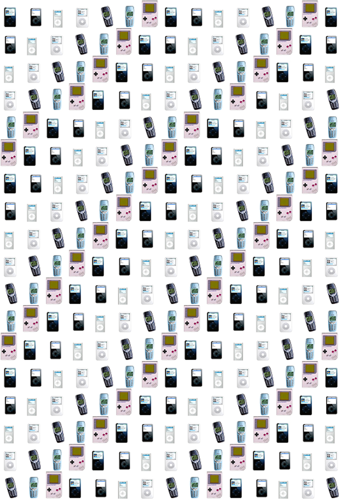 Sheet of images of Gameboys, iPods and mobile phones.