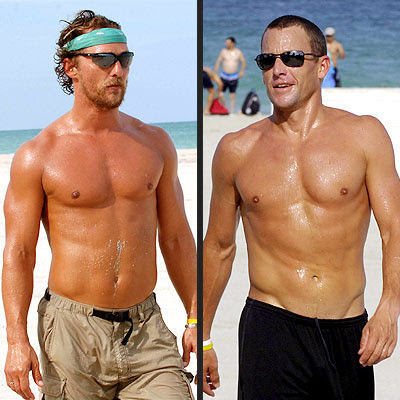 Matthew McConaughey v. Lance Armstrong at Miami Beach, April 25, 2006. People magazine. photo Gustavo Caballero-Getty/Storms Media Group.