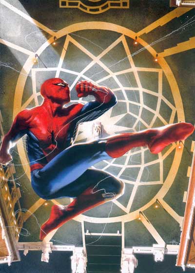 Spider-Man sorvola Piazza del Campidoglio in un dipinto di Gabriele Dell'Otto