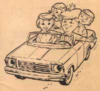 Retro illustration of a family of four in a convertible
