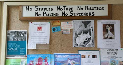 Bulletin board with notice over it