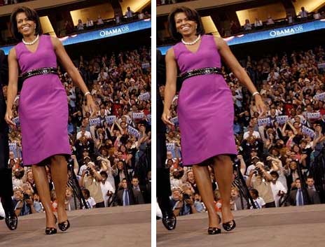 Side by side photos of Michelle Obama in a purple dress