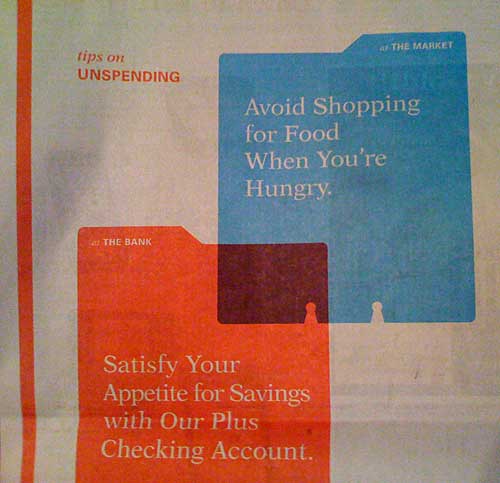 Ad with Shopping Tips. First tip: Avoid Shopping for Food When You're Hungry