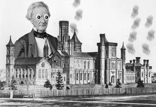 Gilliamesque collage: Engraving of the Smithsonian with large Simon Cameron overlooking it, googly eyed, while puffs of dollar sign smoke rises from the chimneys