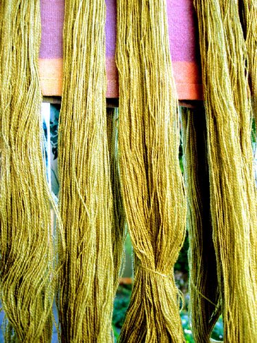 Dyed silk weft, drying