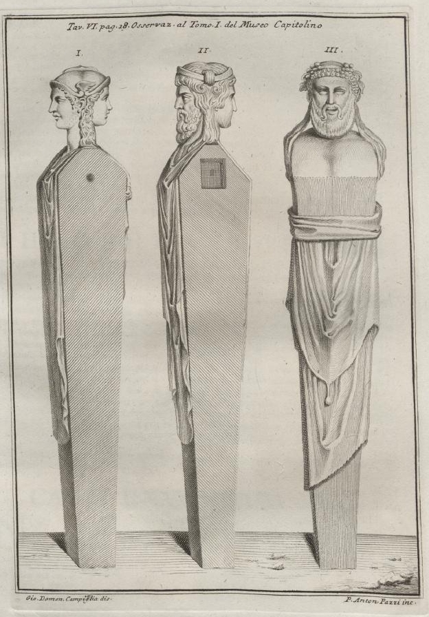 Three plinths crowned with human heads