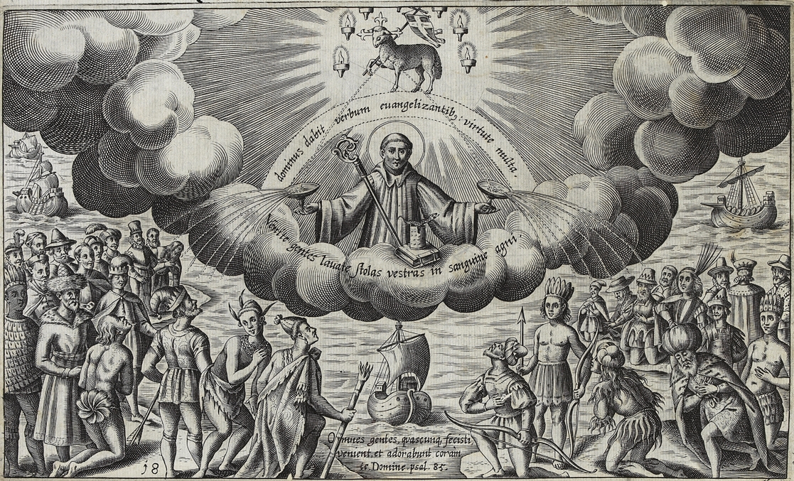 Emblem: Saint Brandan in cloud in sky in America
