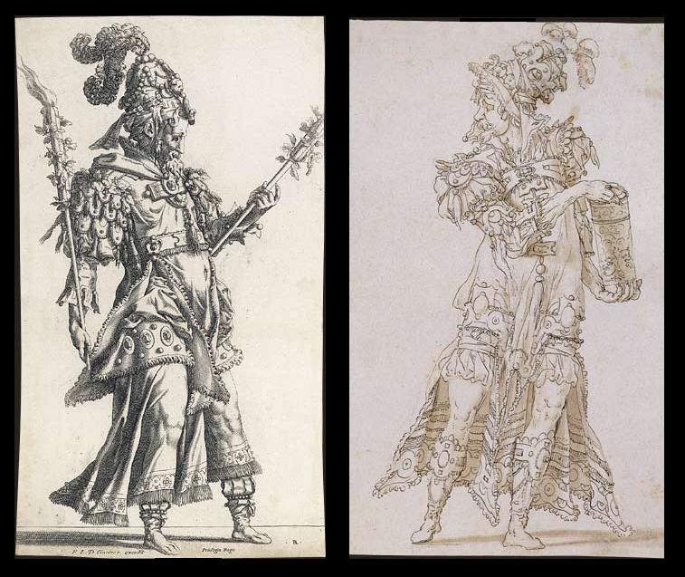 2 sketches by René Boyvin - torch carrier and masquerade figures