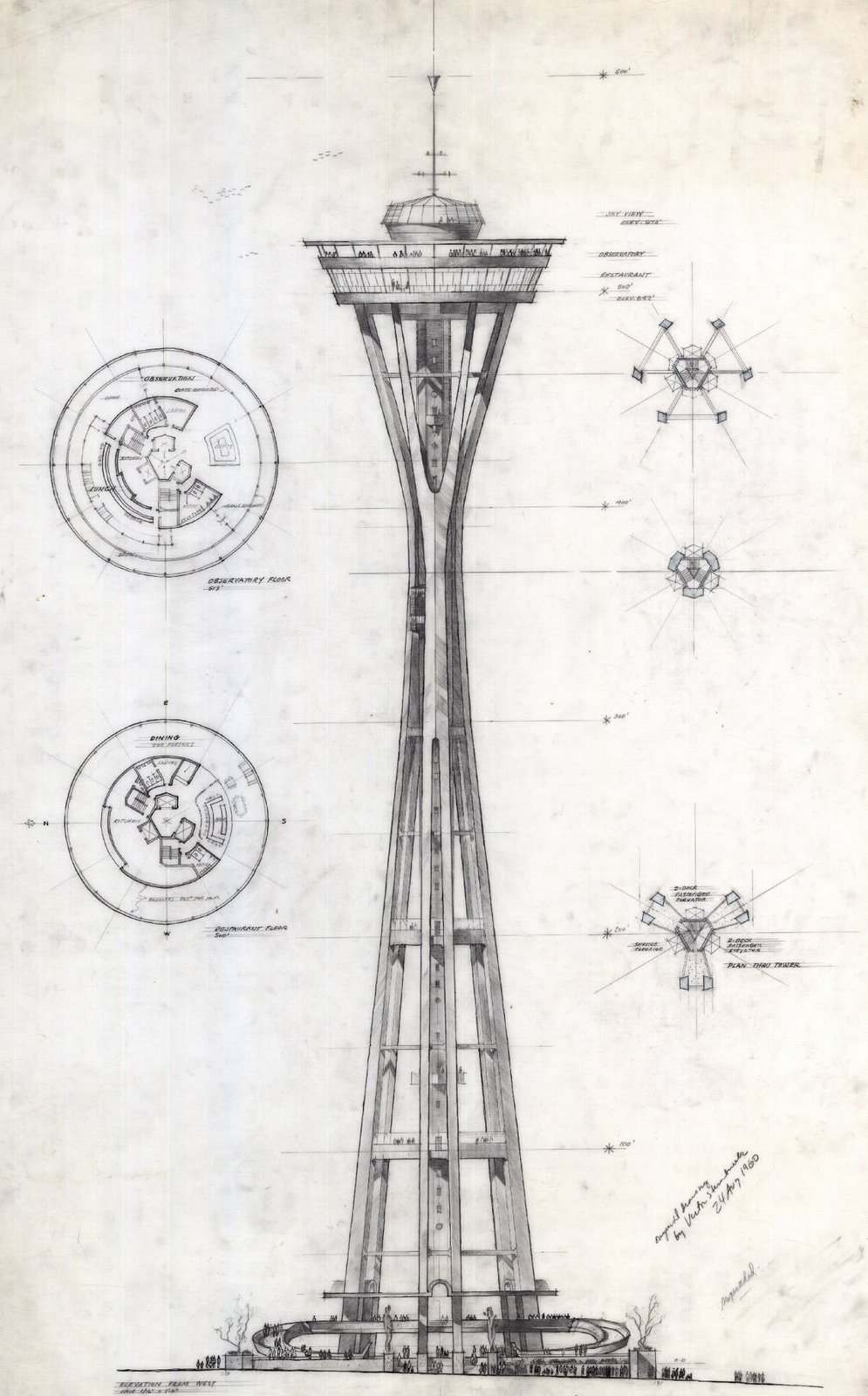 design for the Space Needle, west elevation and floor plans