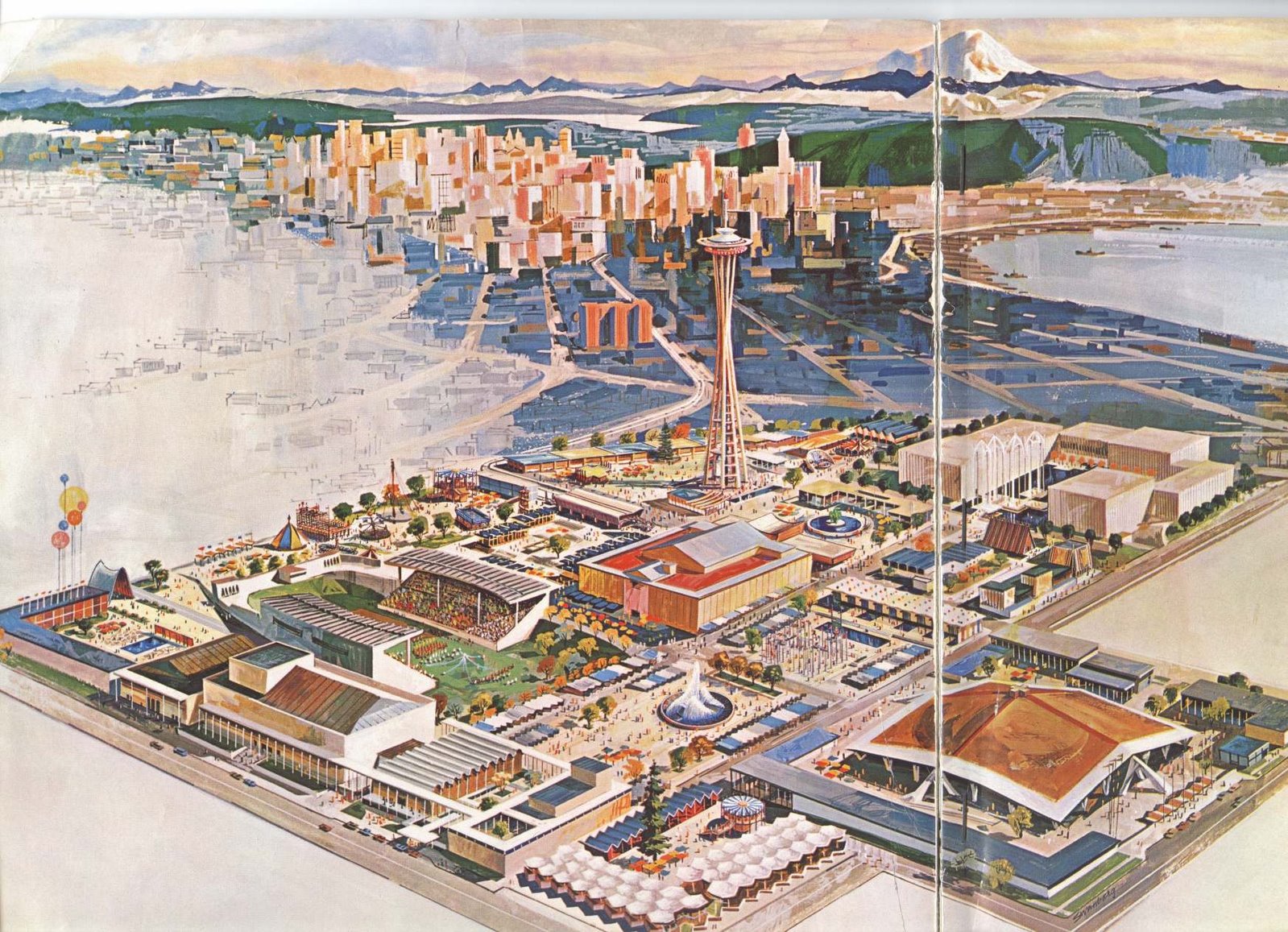 Design render of Seattle space needle and exposition grounds