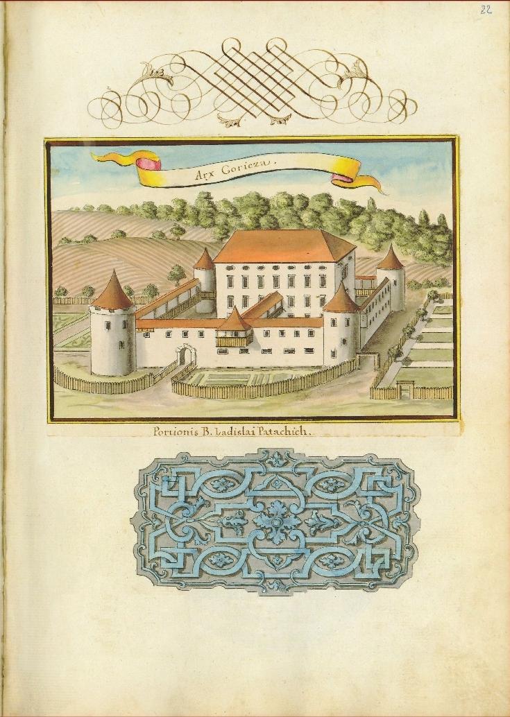 page from Status familiae Patachich with castle view