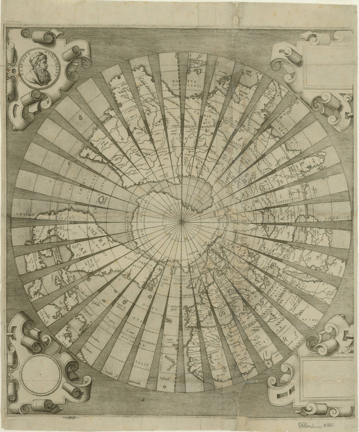 di-gore hemispheric world map by Florian, 1556