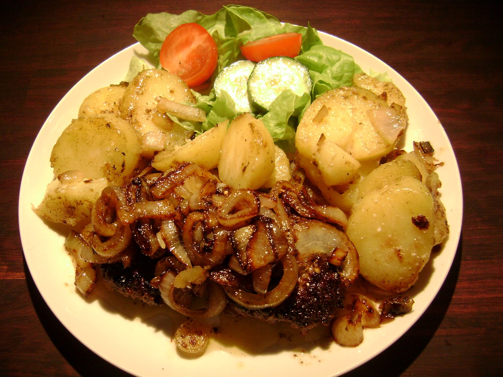 Steak,  Fried Potatoes, Salad