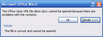 Document is corrupt prompt from Word 2007