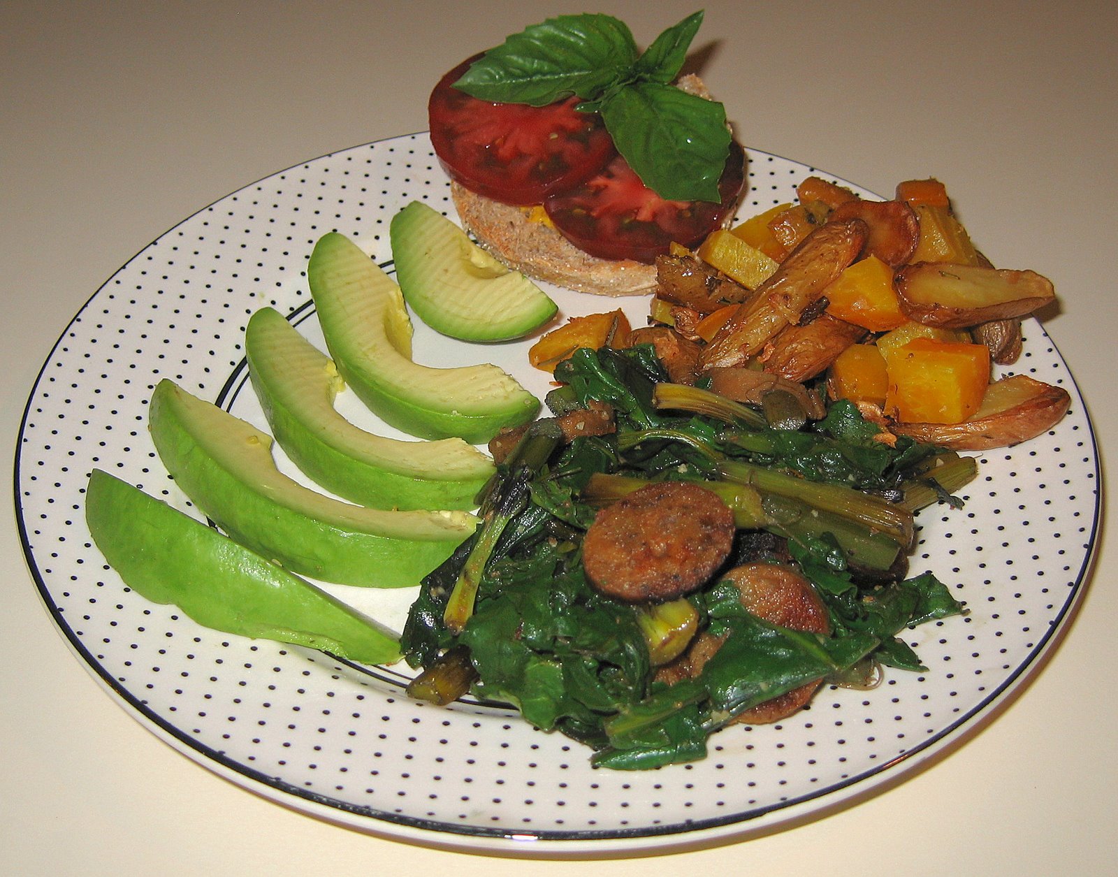 [20070423+Roasted+Golden+Beets+and+Fingerling+Potatoes,+Beet+Greens+with+Vegan+Sausage.jpg]