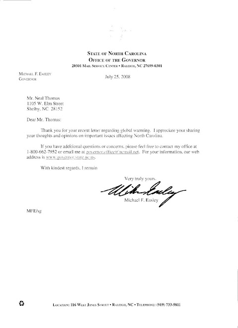 Governor Easley's response to my request for a NC Climate Change Summit