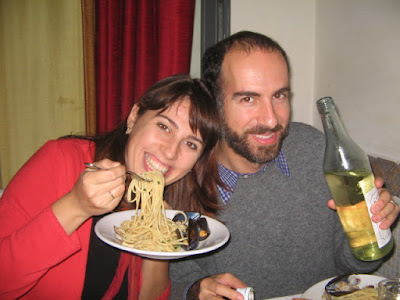 pasta and wine and masha and luca