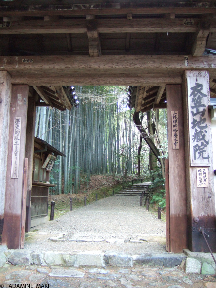 A entrance of Jizo-in Temple, with a path surrounded with full of bamboo, in Kyoto